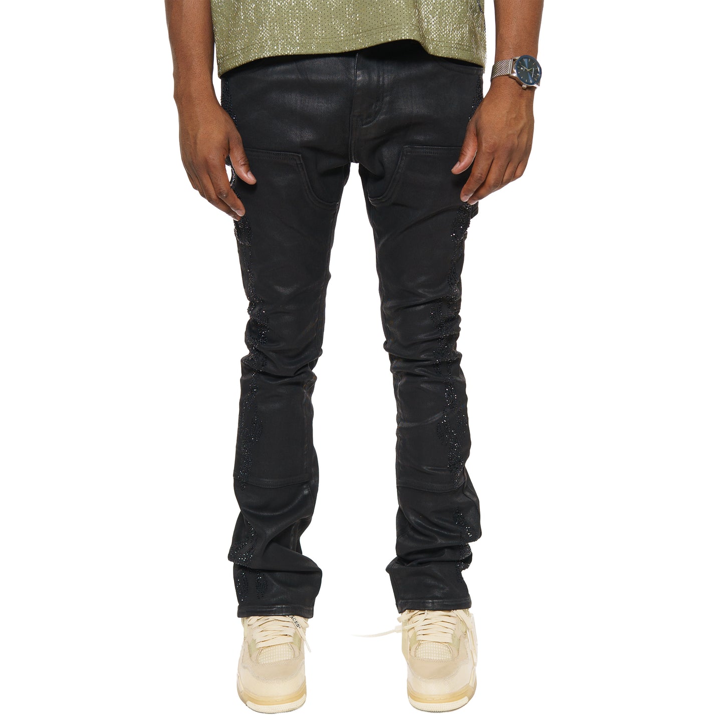 Embellished wax coated denim pant