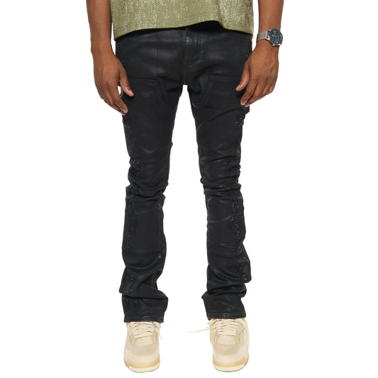 Embellished wax coated denim pant