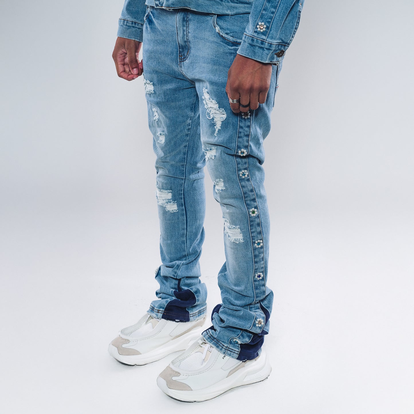 Denim flared jeans/ suede cut / sew and pearl