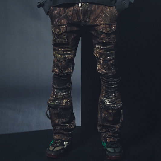 Multi cargo brush camo flared jeans