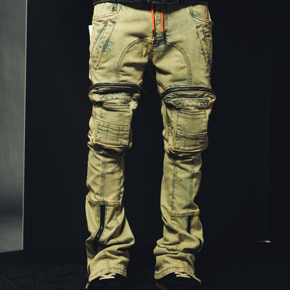 Zip cargo denim pants / flared fit