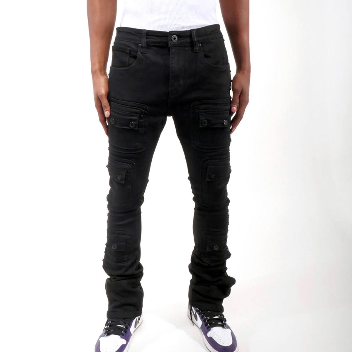 Studded warrior cargo flare fit denim pant