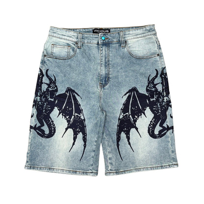 Dragon Crest Denim Shorts Blue Tint by Vicious - 1