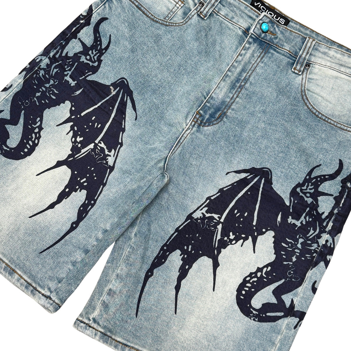 Dragon Crest Denim Shorts Blue Tint by Vicious - 2