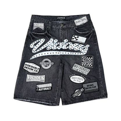 Pit crew patch denim shorts