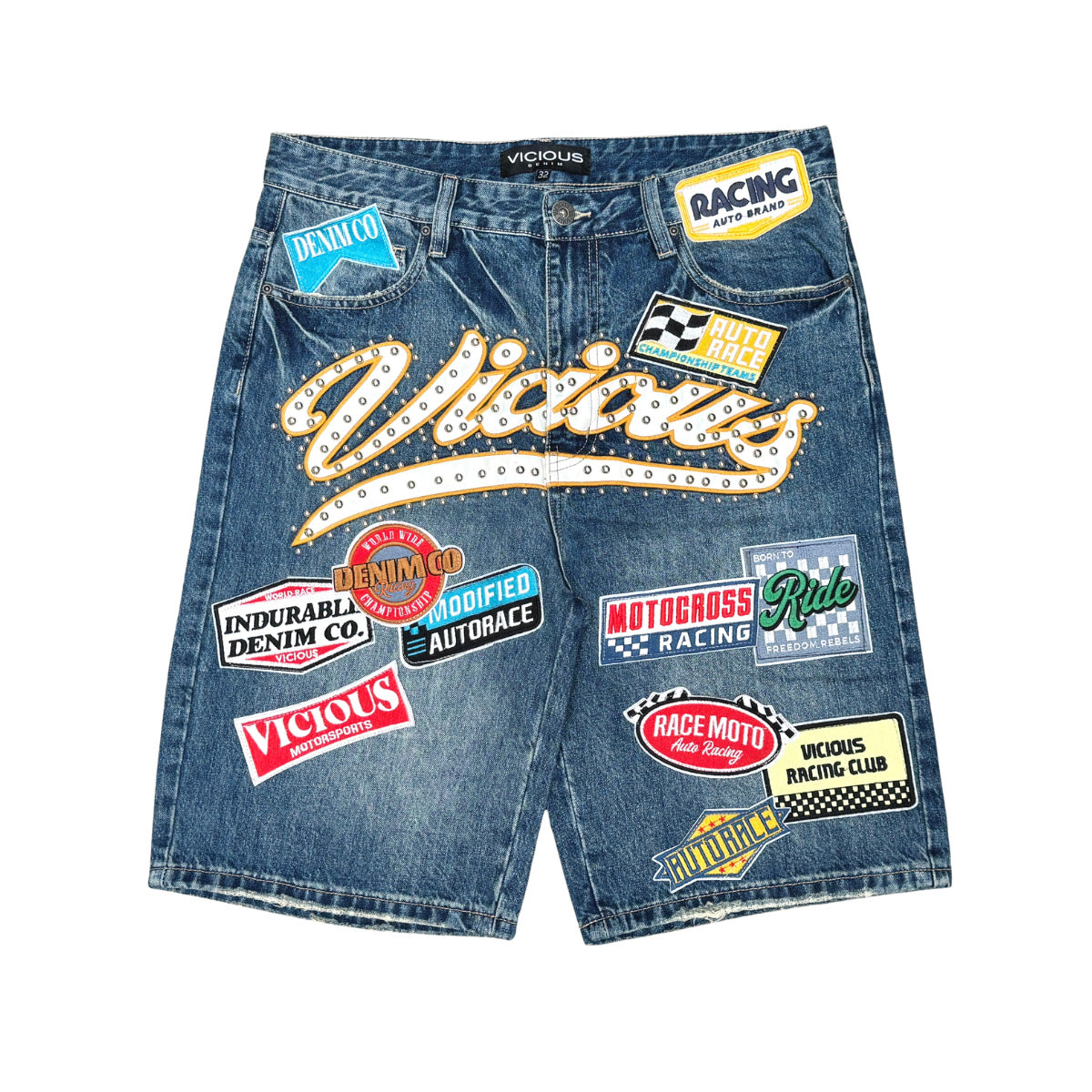 Pit crew patch denim shorts