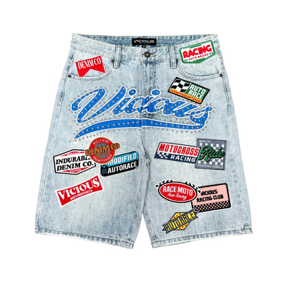 Pit Crew Patch Denim Shorts Light Blue by Vicious - 1