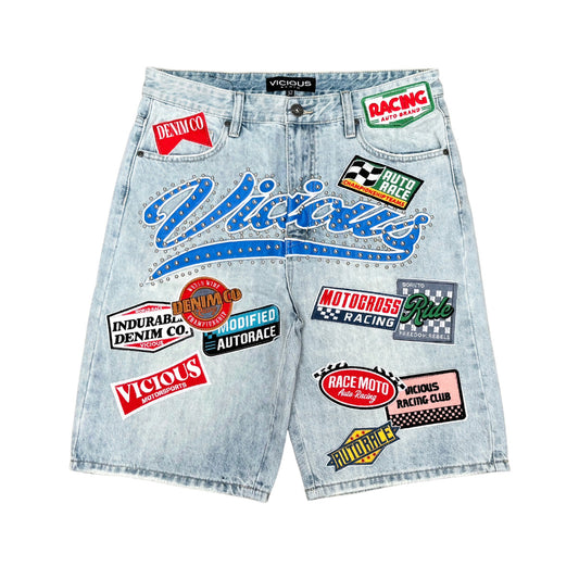 Pit Crew Patch Denim Shorts Light Blue by Vicious - 1
