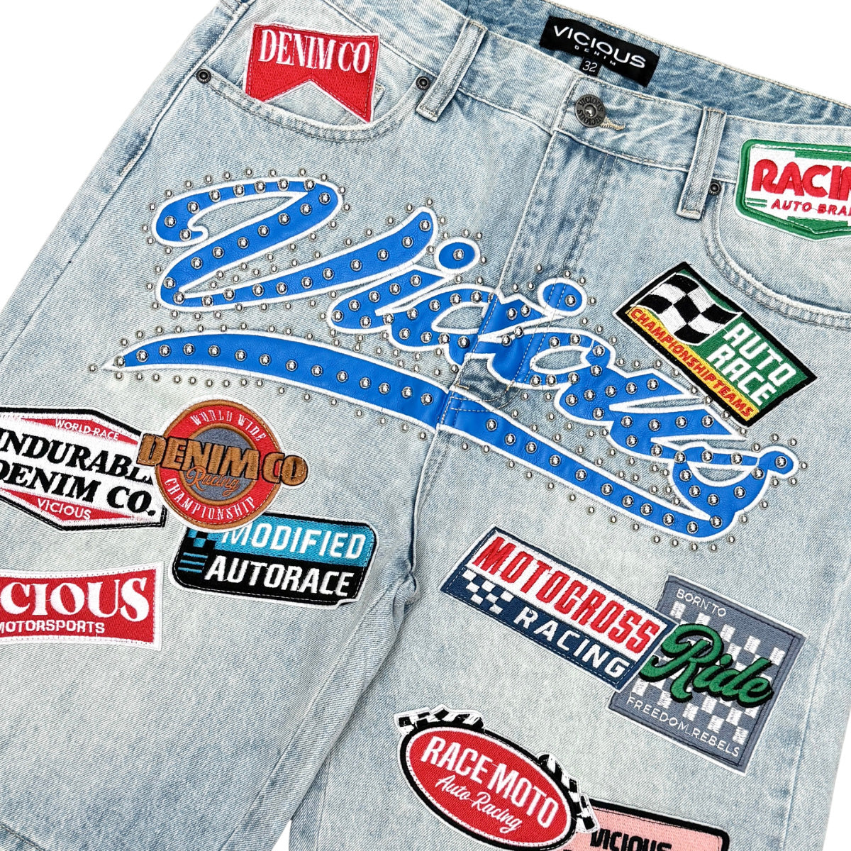 Pit Crew Patch Denim Shorts Light Blue by Vicious - 2