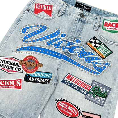 Pit Crew Patch Denim Shorts Light Blue by Vicious - 2