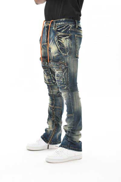 Zip Cargo Denim Pants / Flared Fit Dark Blue by Vicious - 4
