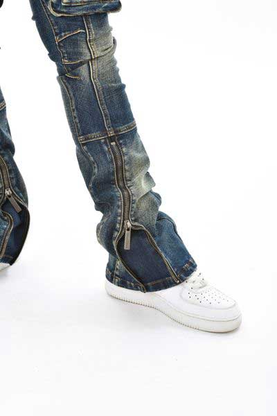Zip Cargo Denim Pants / Flared Fit Dark Blue by Vicious - 5