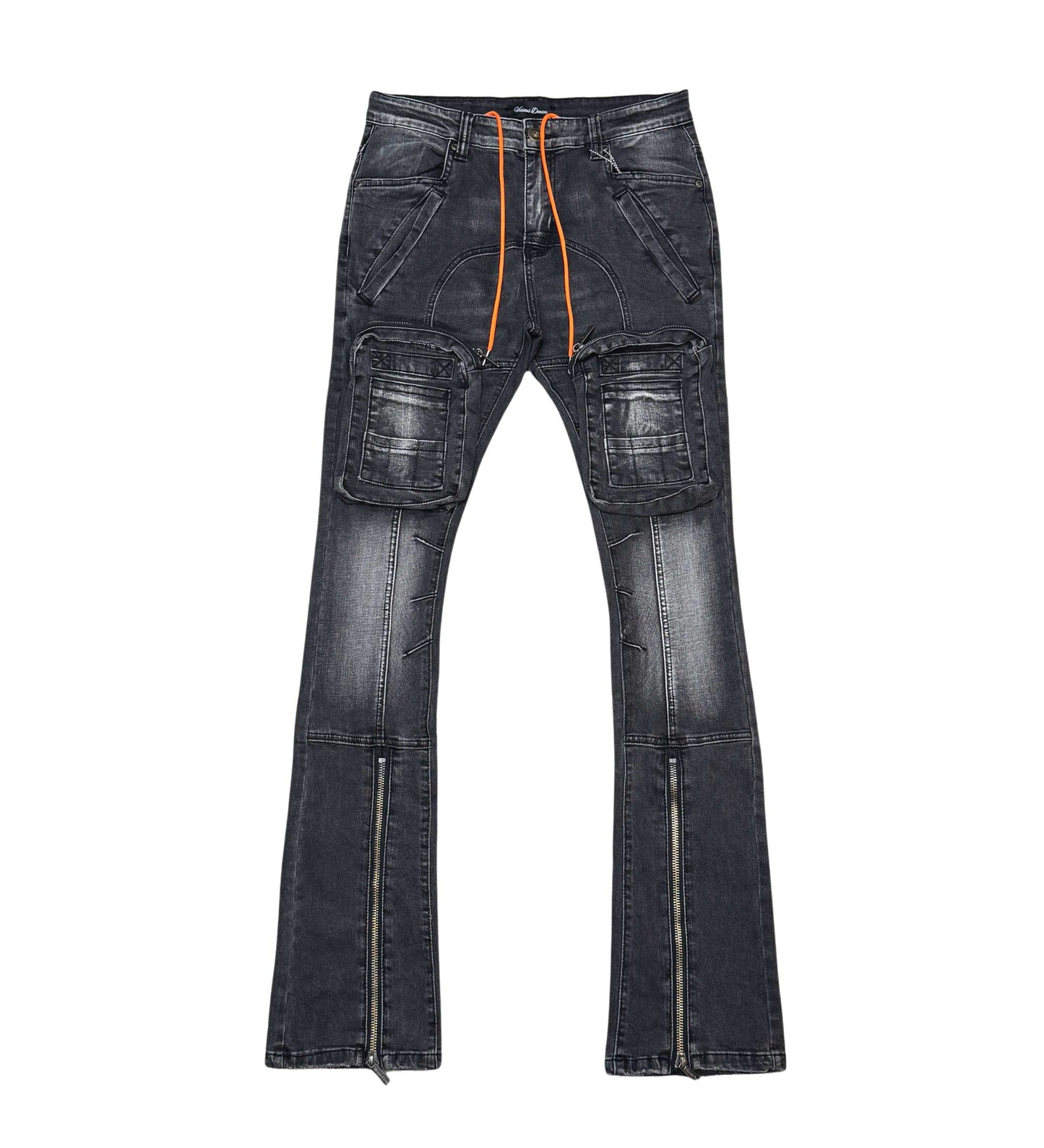Zip Cargo Denim Pants / Flared Fit Vintage Black by Vicious - 1