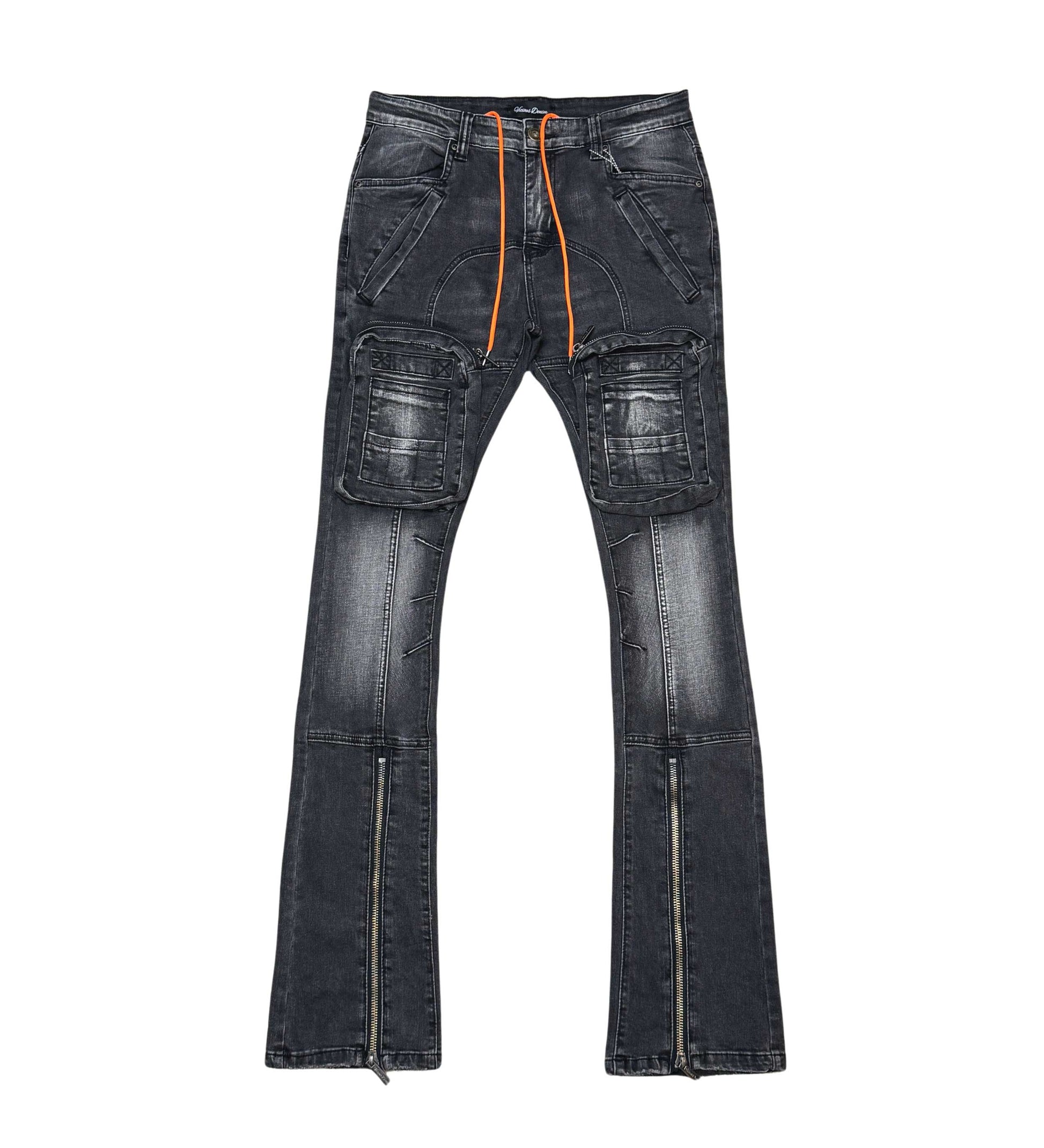 Zip Cargo Denim Pants / Flared Fit Vintage Black by Vicious - 1