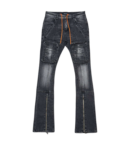Zip Cargo Denim Pants / Flared Fit Vintage Black by Vicious - 1