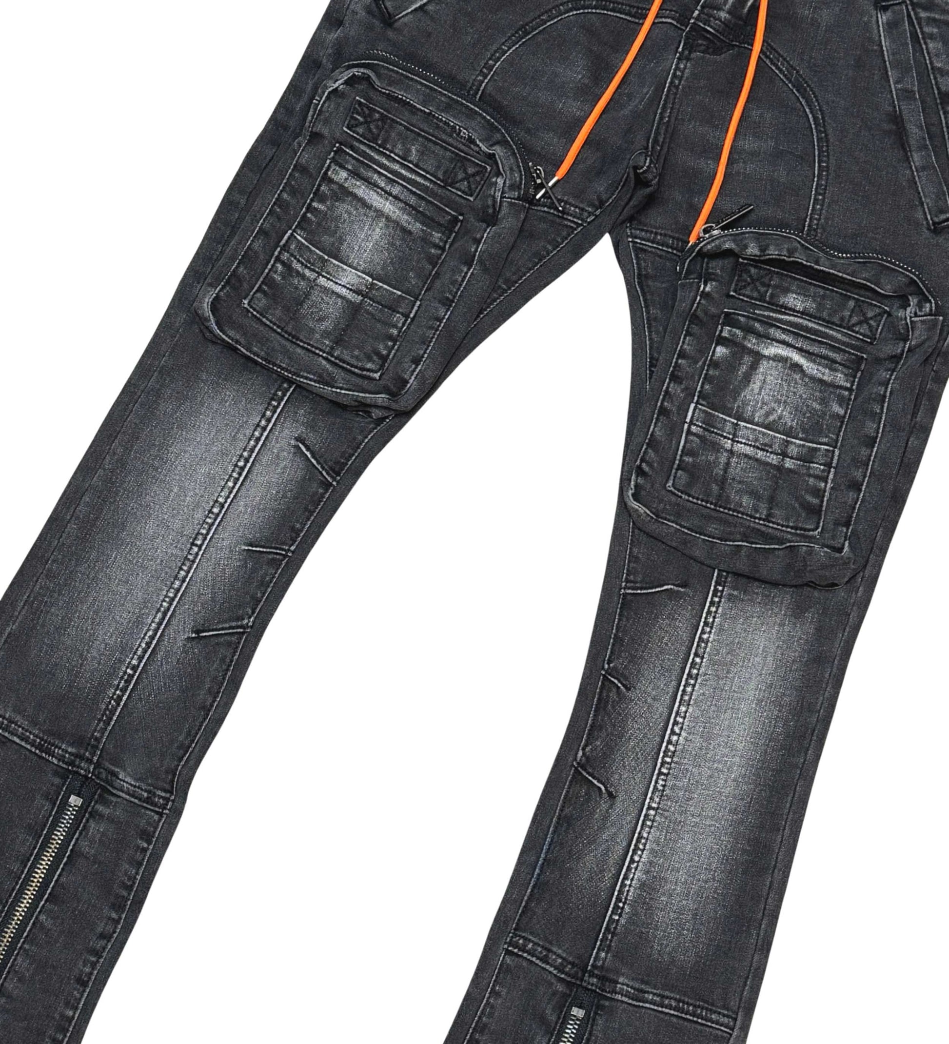 Zip Cargo Denim Pants / Flared Fit Vintage Black by Vicious - 3