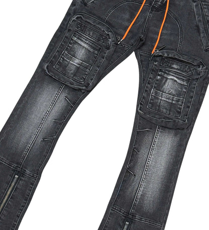 Zip Cargo Denim Pants / Flared Fit Vintage Black by Vicious - 3