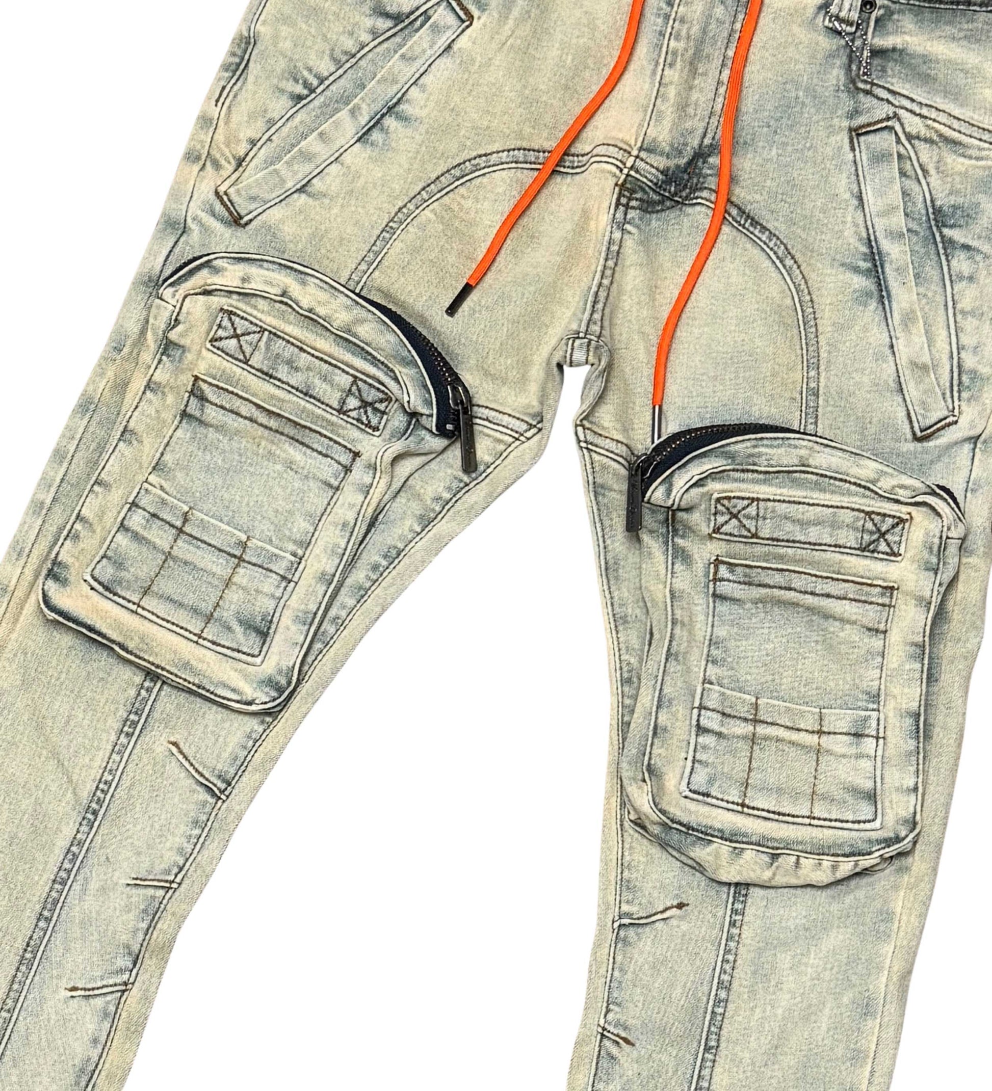 Zip Cargo Denim Pants / Flared Fit Vintage Indigo by Vicious - 3