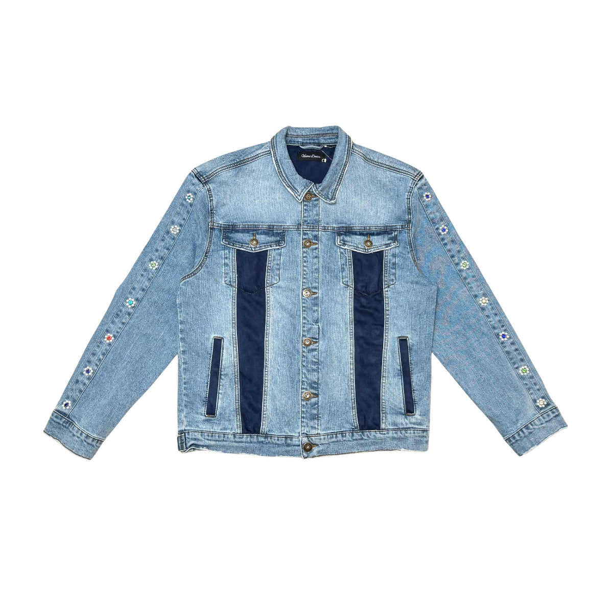 Denim jacket w/ suede cut & sew and pearl + gem stone details
