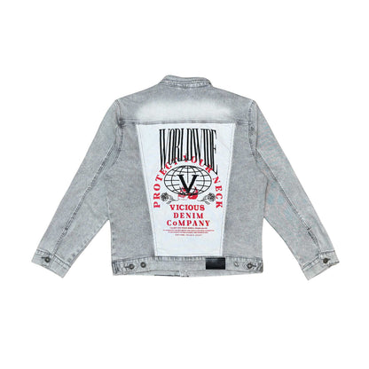 Denim jacket w/ suede cut & sew and pearl + gem stone details