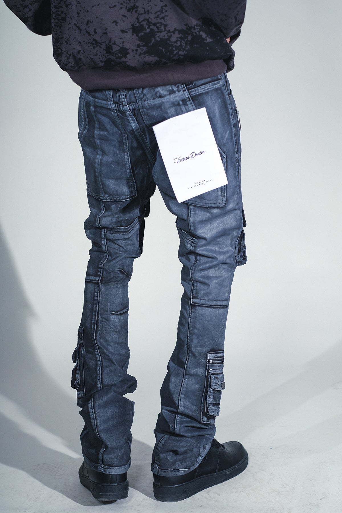 Dirty Wash Multi Cargo Flare Jeans W/ Zipper Details Ash Black by Vicious - 2