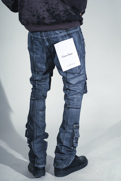 Dirty Wash Multi Cargo Flare Jeans W/ Zipper Details Ash Black by Vicious - 2