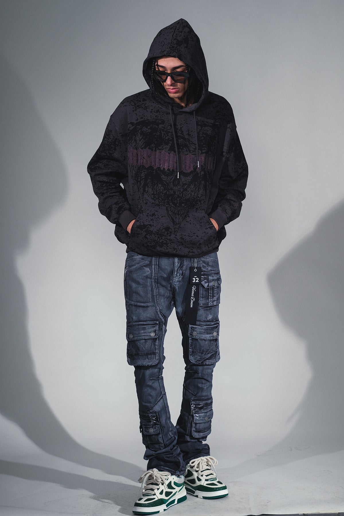 Dirty Wash Multi Cargo Flare Jeans W/ Zipper Details Ash Black by Vicious - 3