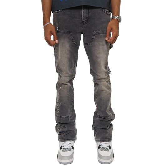 Carpenter flare denim pant w/ rhinestone details