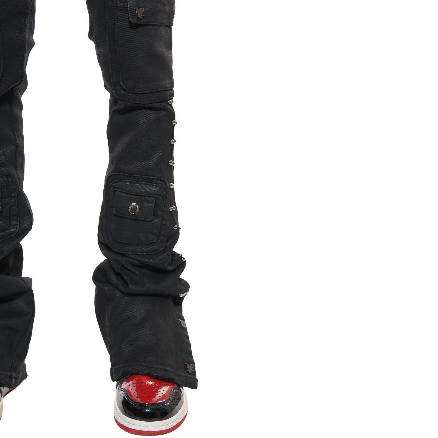 Studded warrior cargo flare fit denim pant