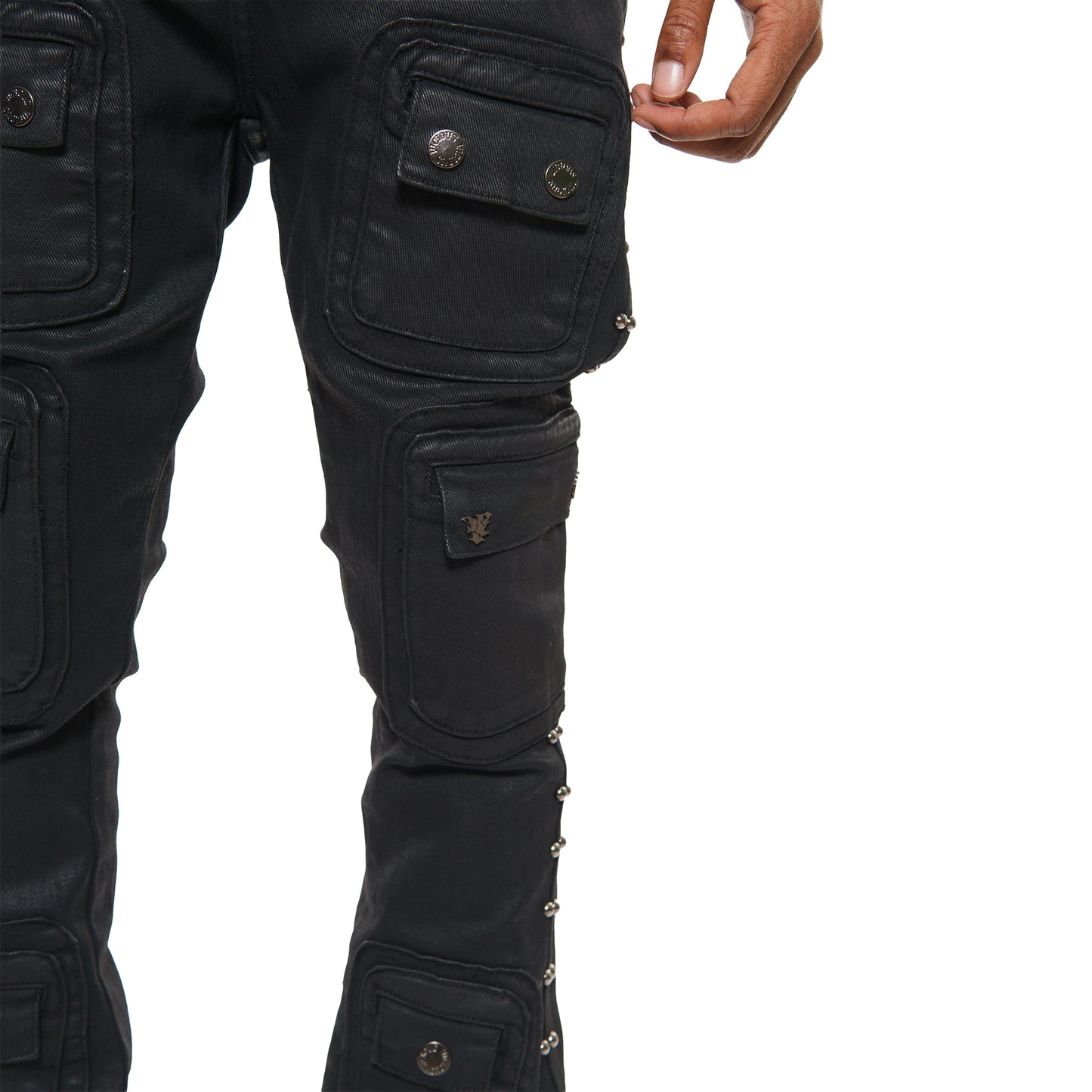 Studded warrior cargo flare fit denim pant