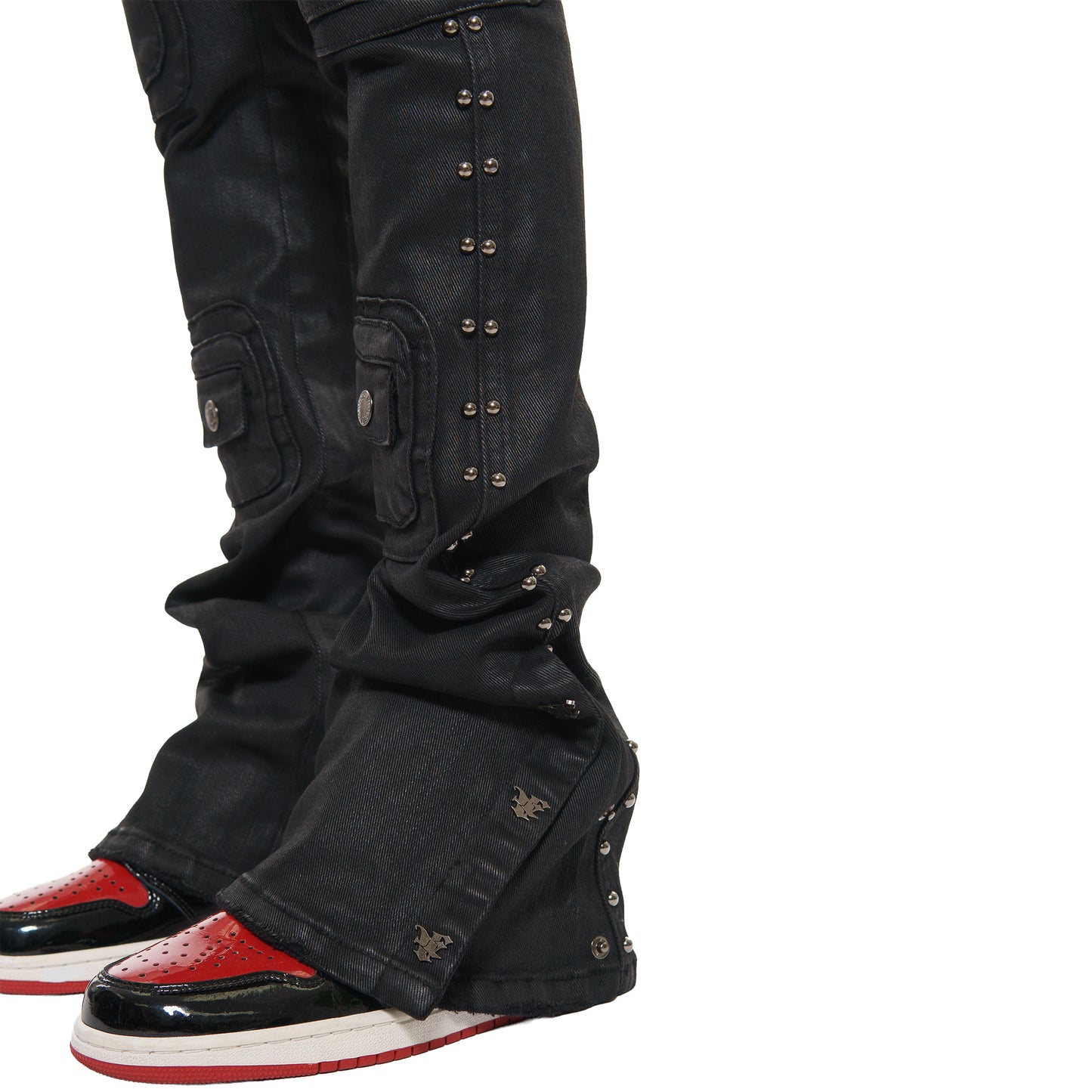 Studded warrior cargo flare fit denim pant