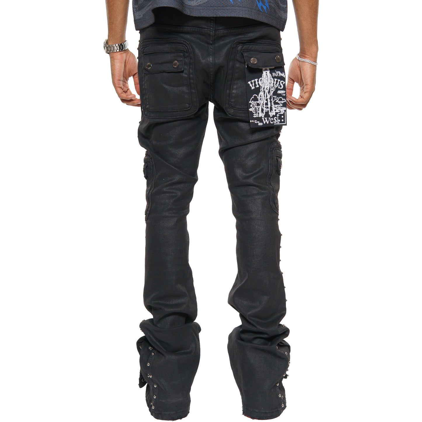 Studded warrior cargo flare fit denim pant