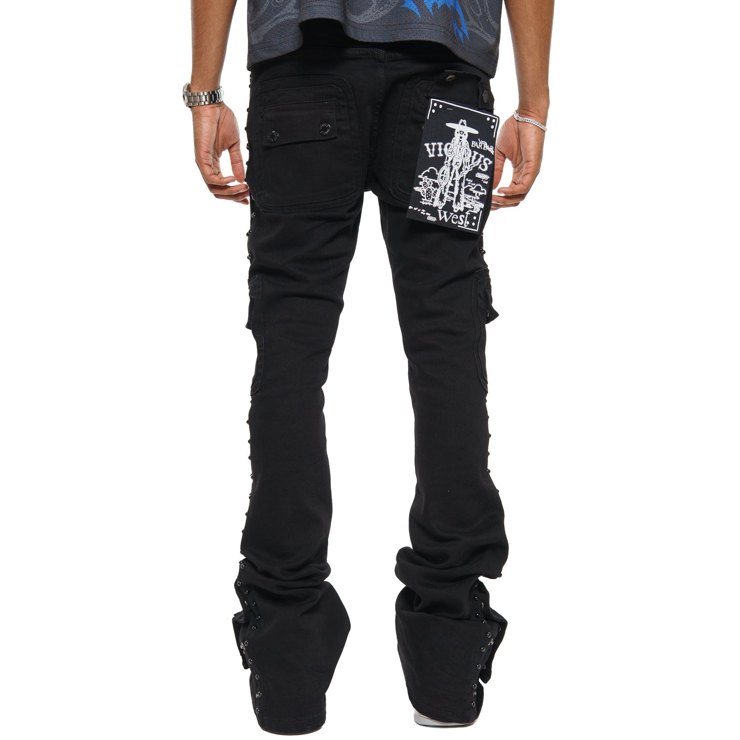 Studded warrior cargo flare fit denim pant