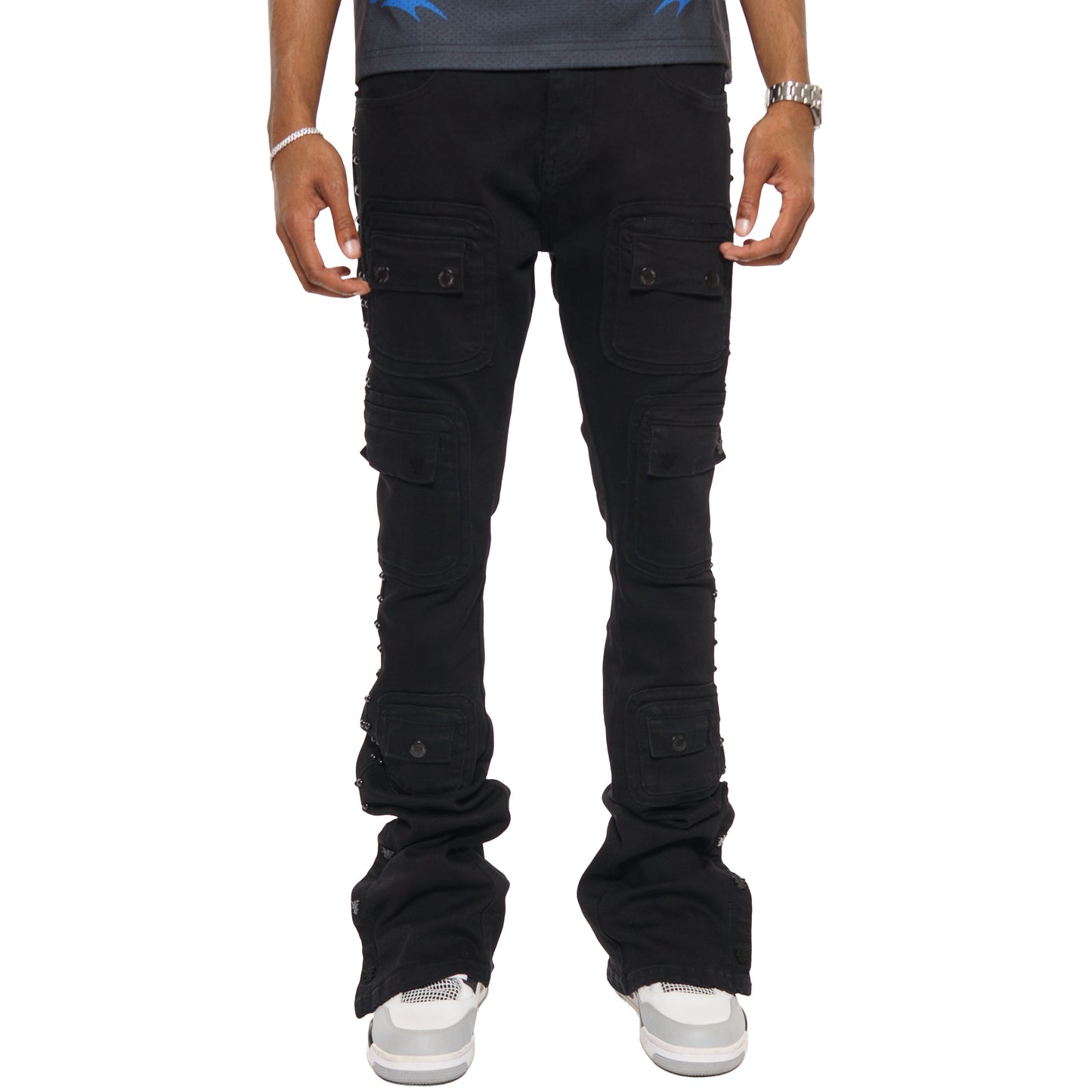 Studded warrior cargo flare fit denim pant
