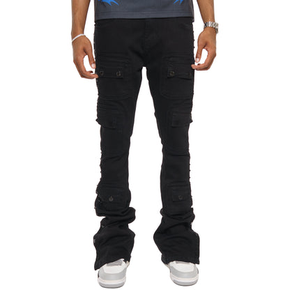 Studded warrior cargo flare fit denim pant