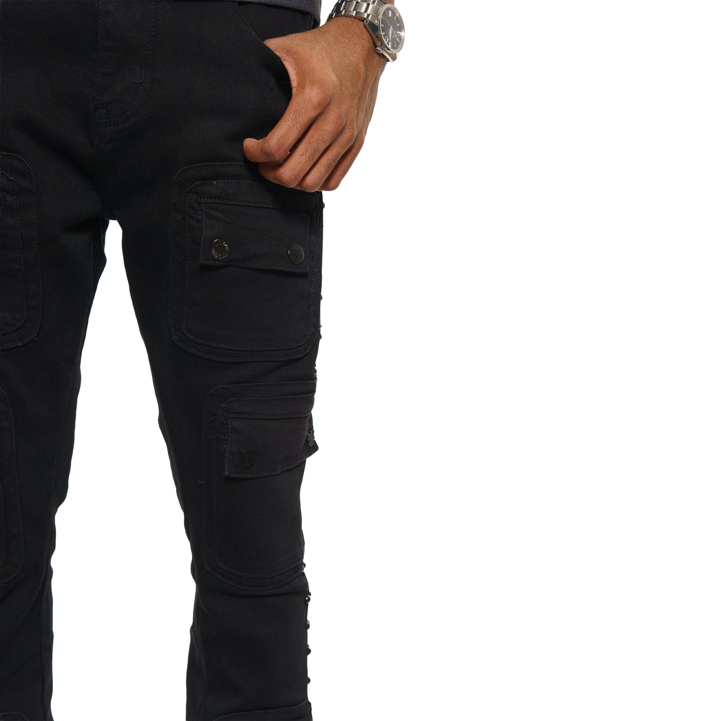 Studded warrior cargo flare fit denim pant