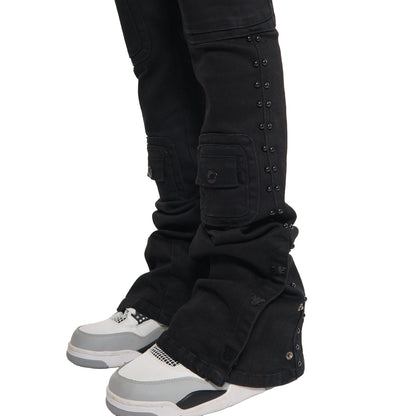 Studded warrior cargo flare fit denim pant