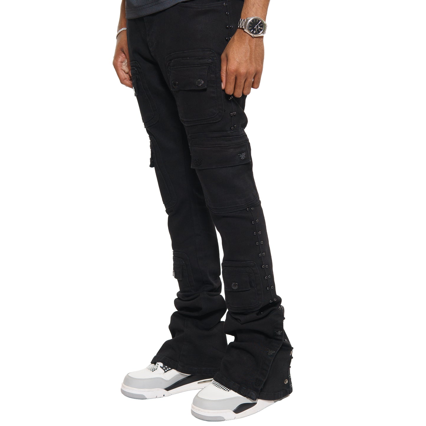 Studded warrior cargo flare fit denim pant