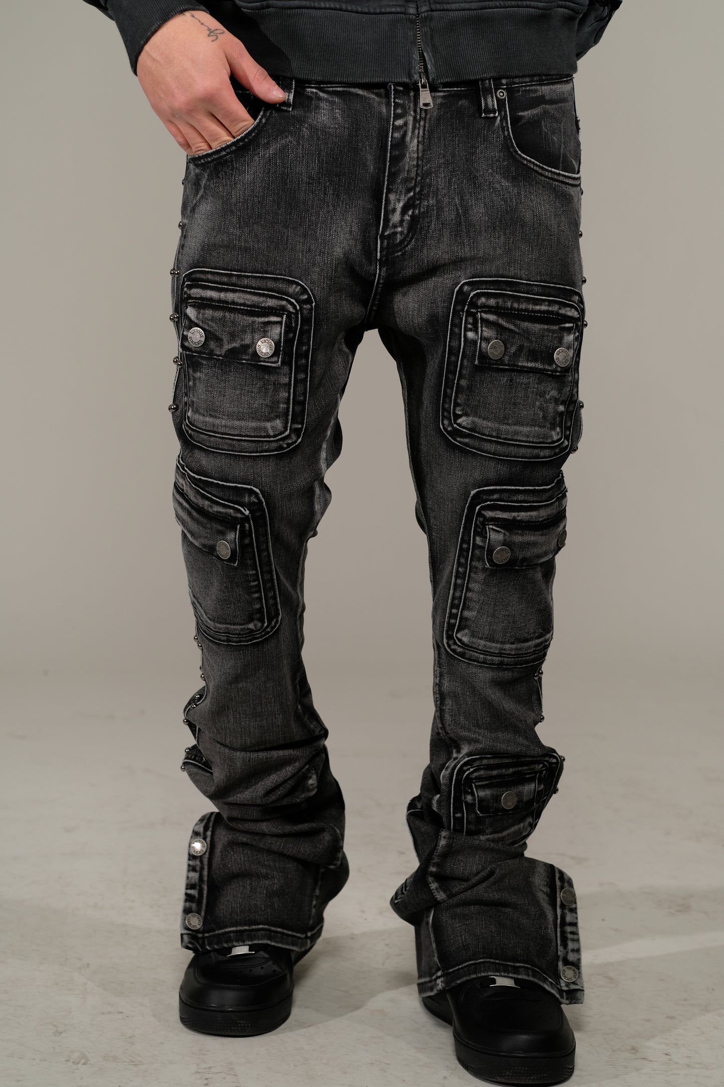 Studded warrior cargo flare fit denim