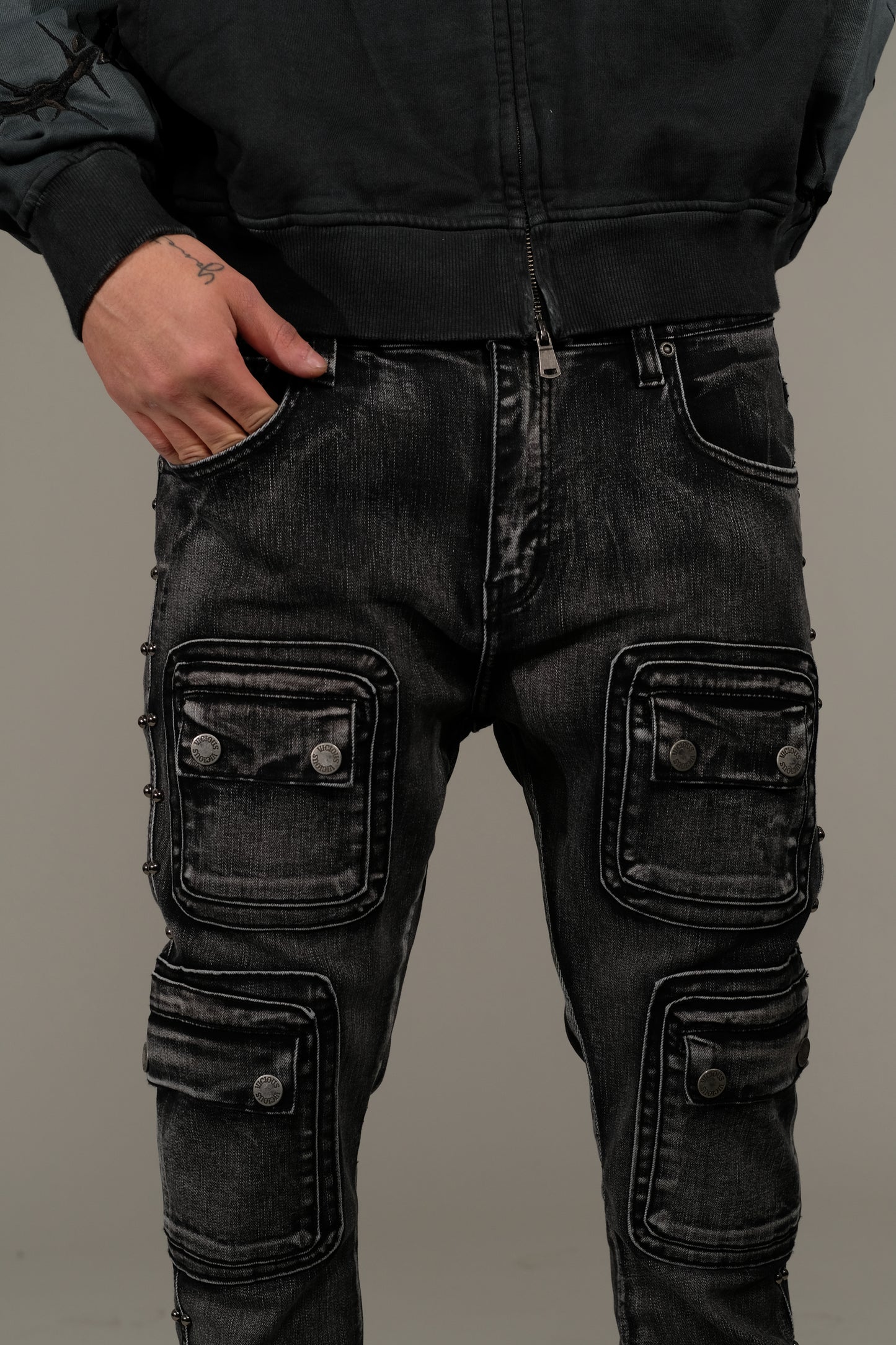 Studded warrior cargo flare fit denim