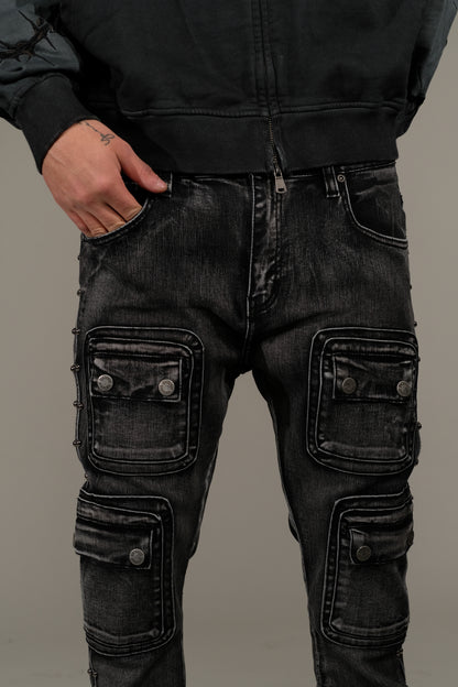 Studded warrior cargo flare fit denim