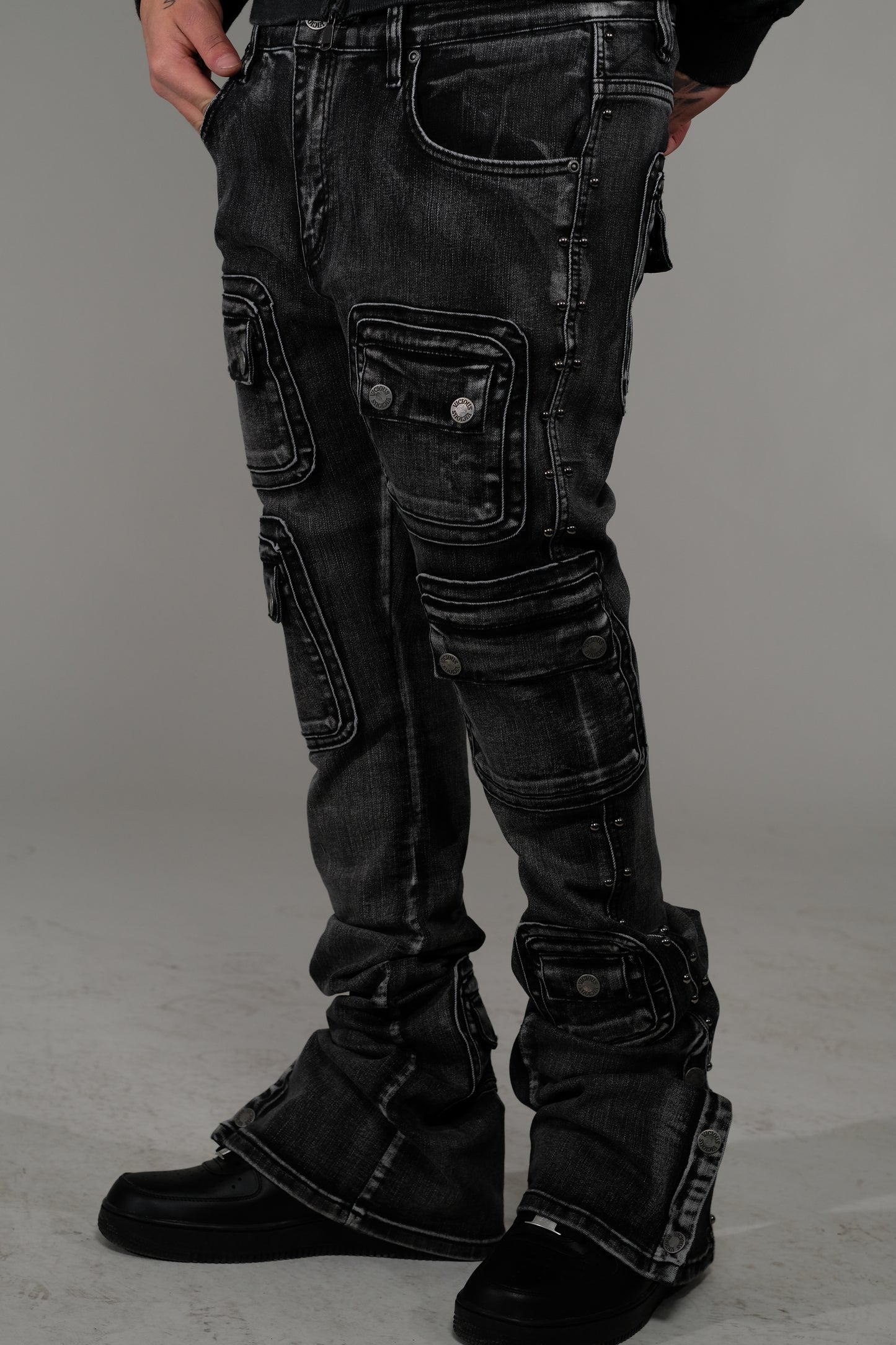 Studded warrior cargo flare fit denim
