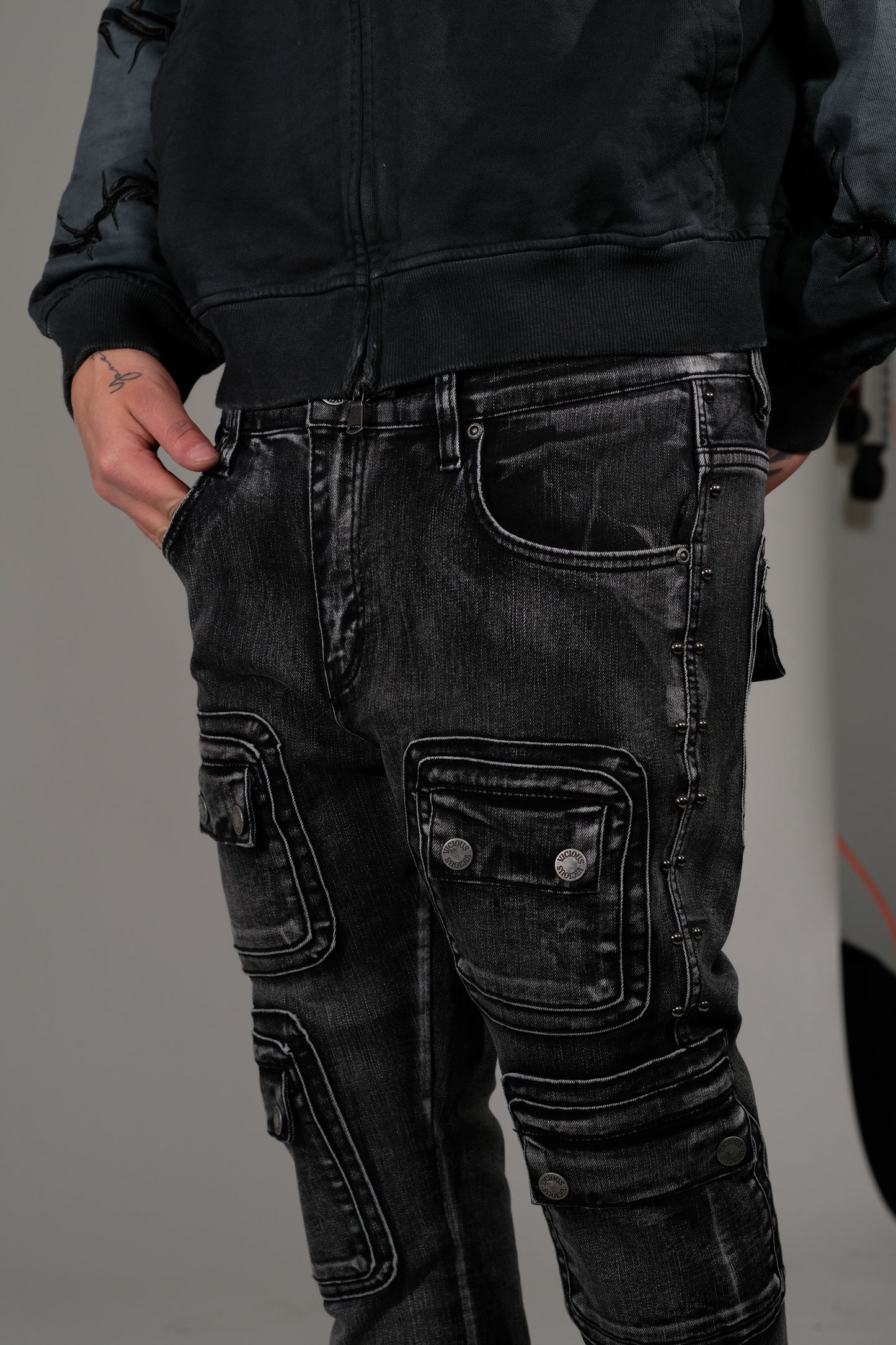 Studded warrior cargo flare fit denim