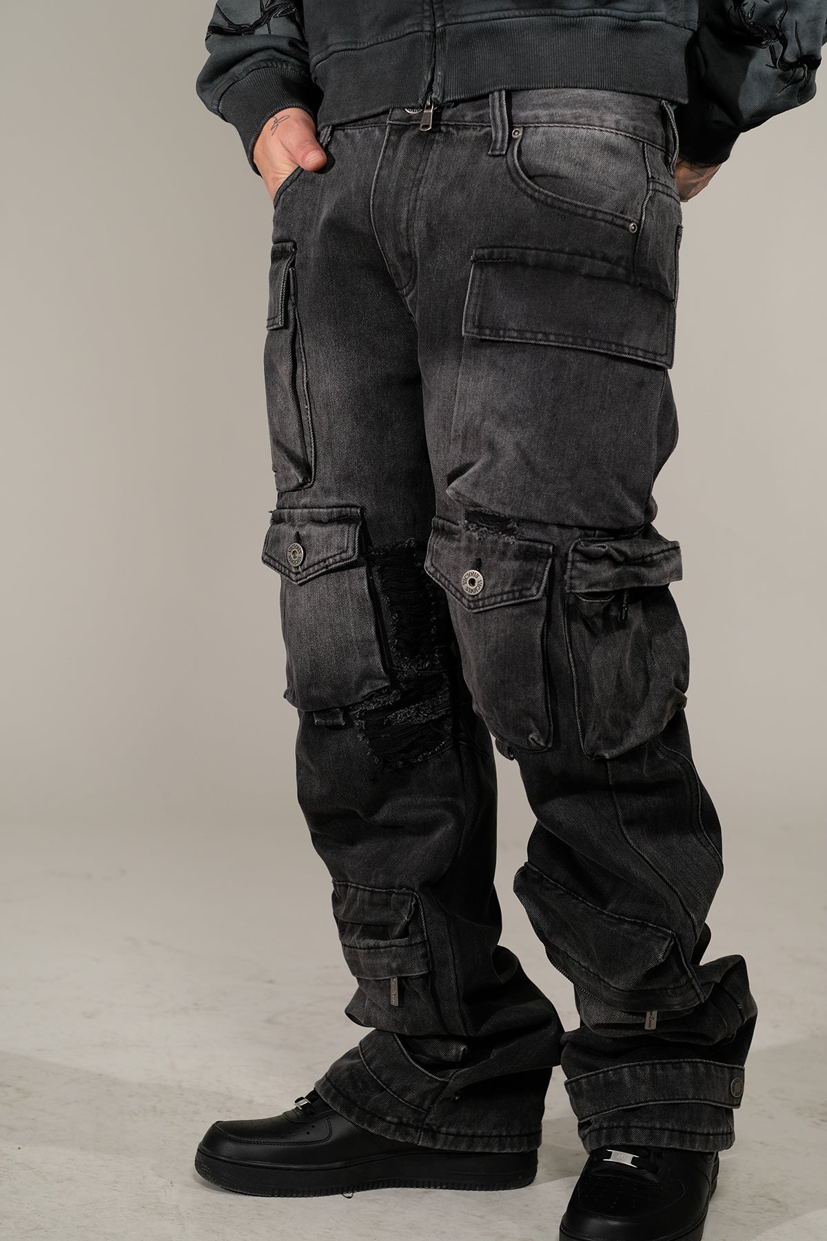 Multi Cargo Baggy/ Loose Fit Denim Black by Vicious - 2