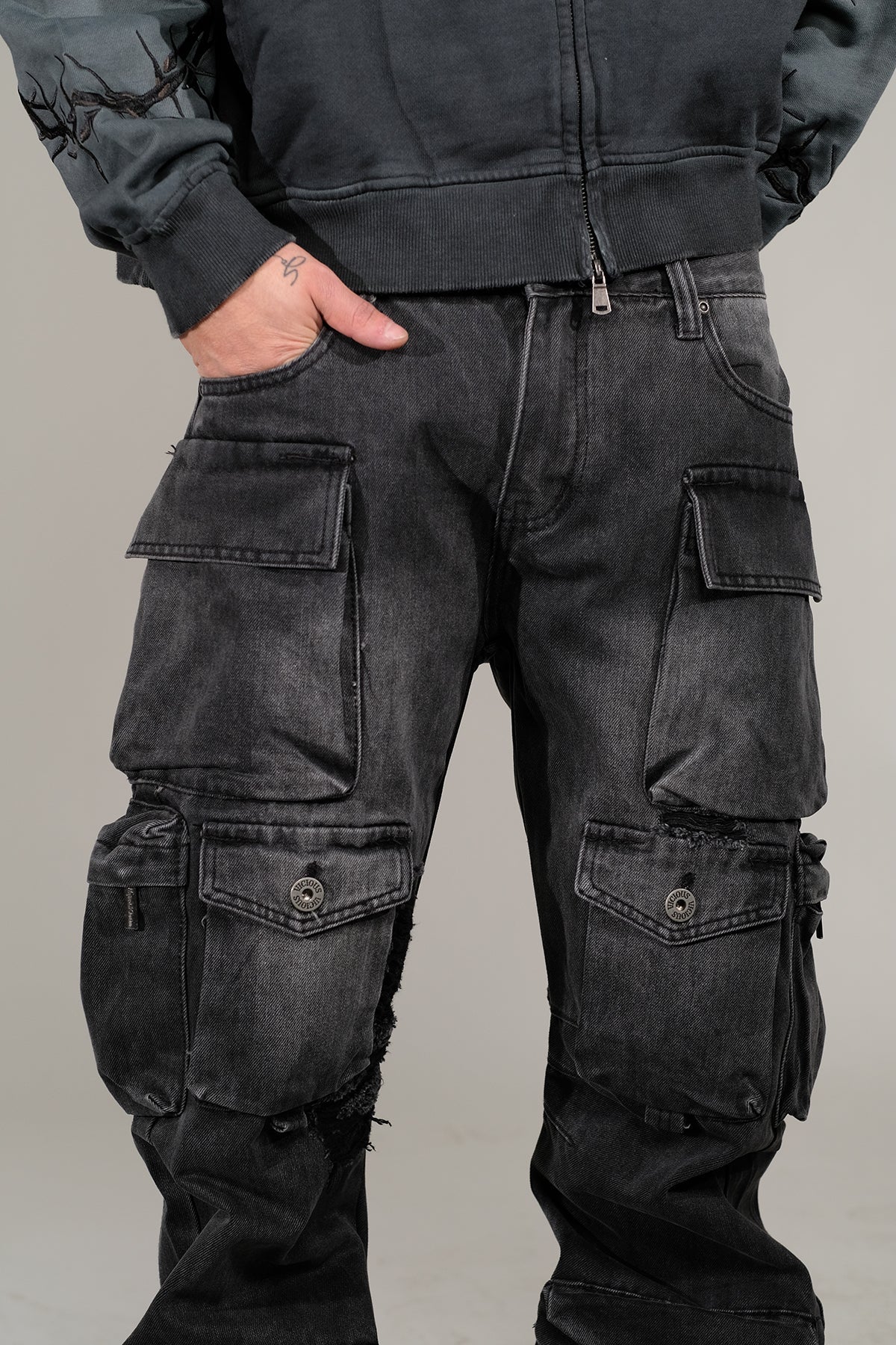 Multi Cargo Baggy/ Loose Fit Denim Black by Vicious - 3