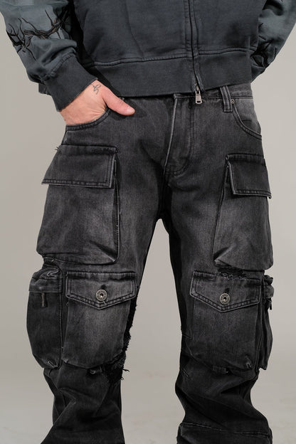 Multi Cargo Baggy/ Loose Fit Denim Black by Vicious - 3