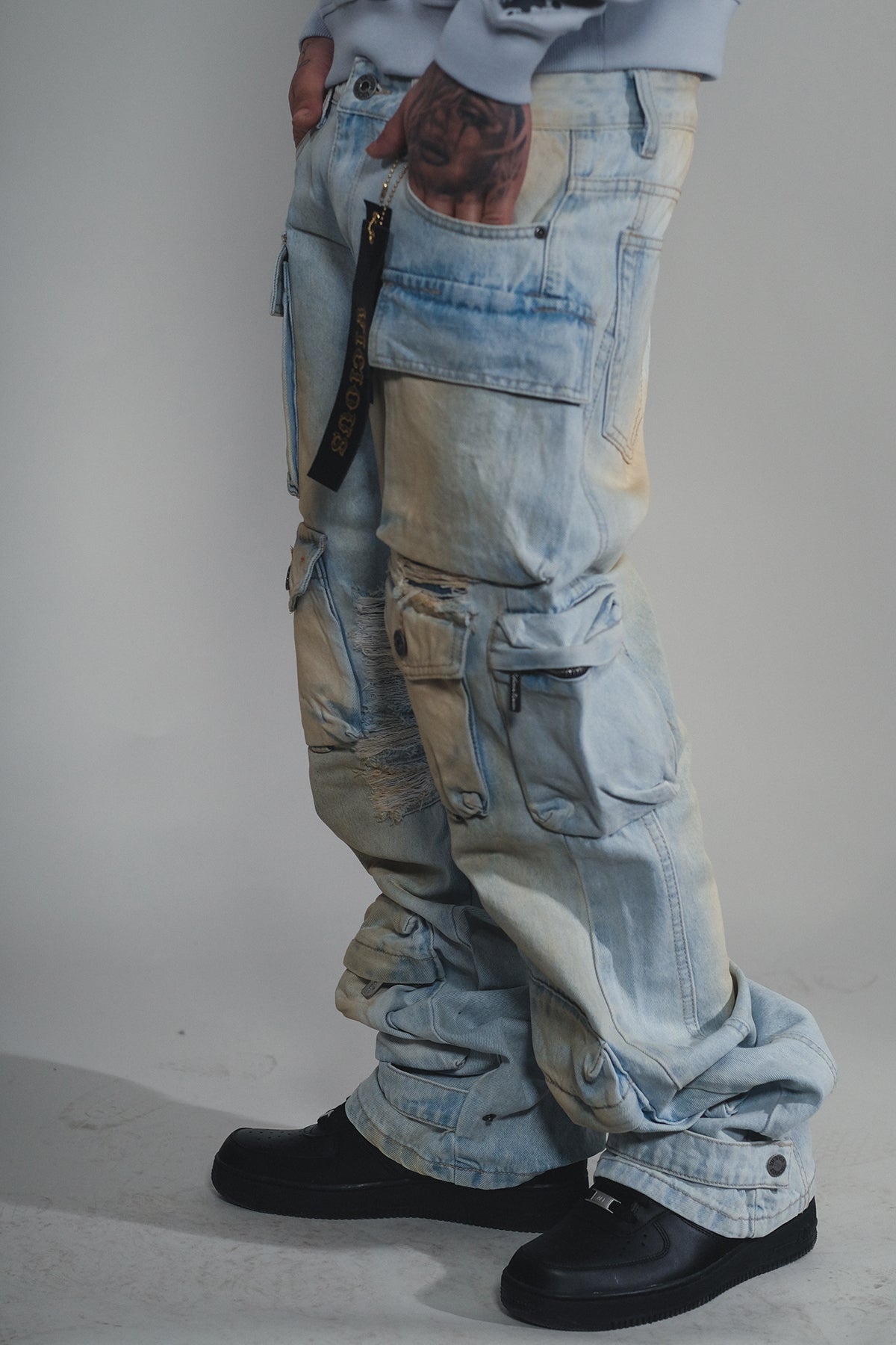 Multi Cargo Baggy/ Loose Fit Denim Vintage Blue by Vicious - 2