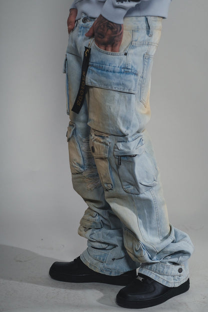 Multi Cargo Baggy/ Loose Fit Denim Vintage Blue by Vicious - 2