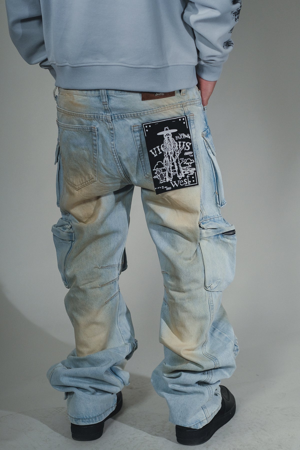 Multi Cargo Baggy/ Loose Fit Denim Vintage Blue by Vicious - 3