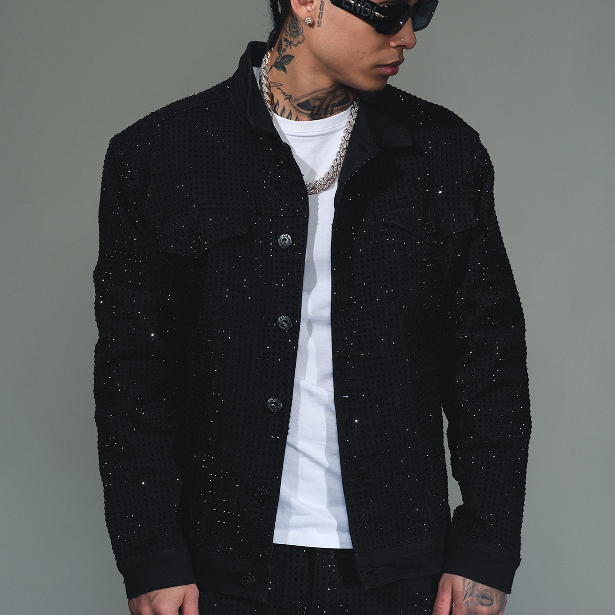 All Over Studded Denim Jacket Black by Vicious - 1